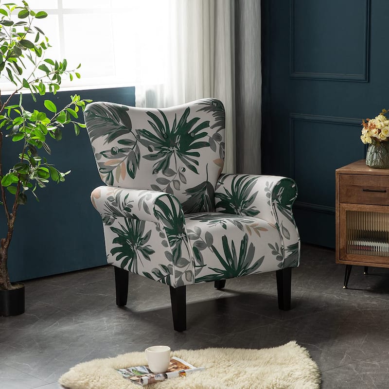 Erommy Modern Accent Chair, High Back Armchair, Upholstered Fabric Button Single Sofa with Wooden Legs for Living Room - Green - Leaves