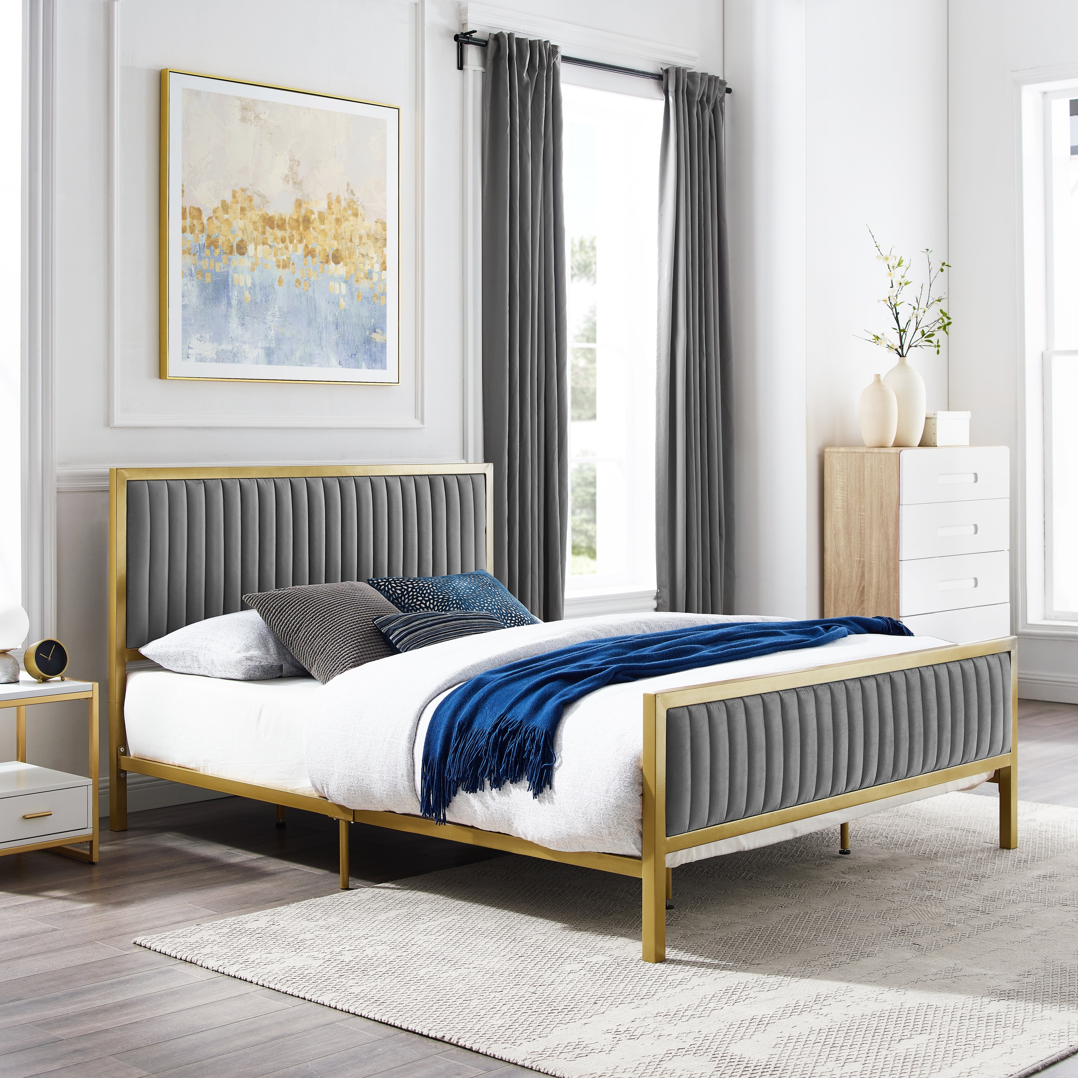 Corvus Velvet Platform Bed with Gold Metal Frame