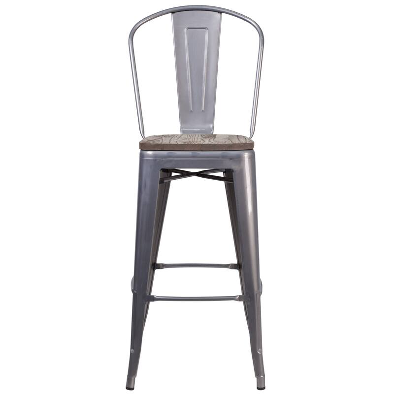 30" High Clear Coated Barstool with Back and Wood Seat - 17.75"W x 22.5"D x 46.5"H - 17.75"W x 22.5"D x 46.5"H