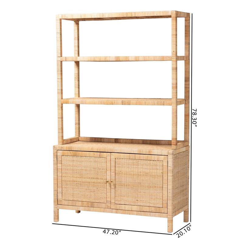 Mortis Natural Rattan Open-Shelf Storage Cabinet - 4-Tier Display Shelf with Double Door Base, Coastal Boho Wicker Bookcase