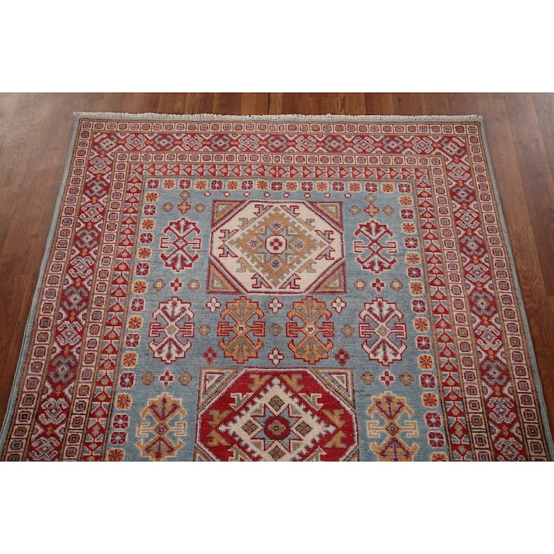Light Blue Geometric Kazak Oriental Rug Bedroom Handmade Wool Carpet - 3'11" x 5'10"