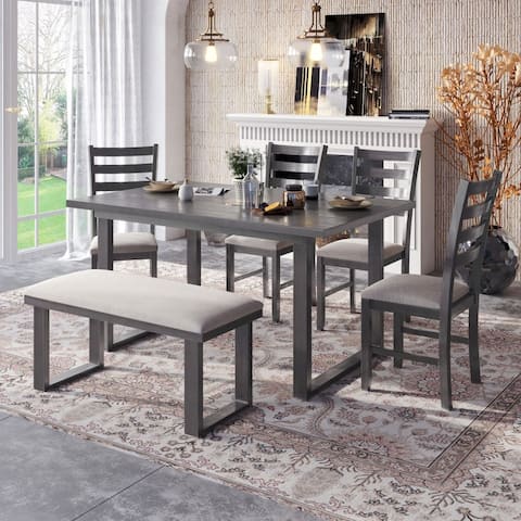 Wood Dining Room Set Rrectangle Table and 4 Chairs with Bench, Family Furniture Set of 6