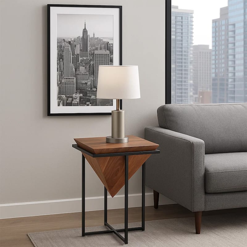 Ida 26 Inch Pyramid Shape Acacia Wood Side Table With Cross Iron Base, Brown and Black