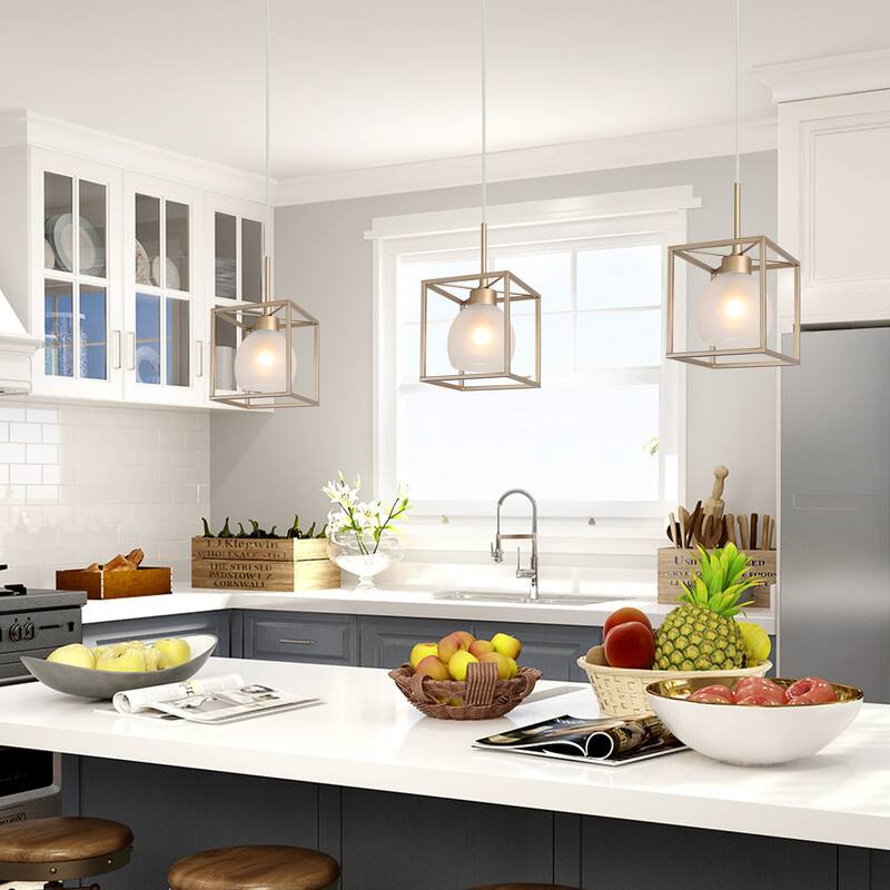 Yarge Modern Glam Pendant 1-Light Metal Square with Ball frosted glass for Kitchen Island - D 6.5" x H 11"