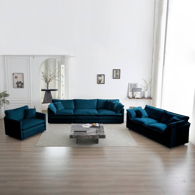 Modern 3 Piece Set Extra Deep Seat Sectional Sofa Set with Chenille Upholstery and Thick Cushions for Living Room and Guest Room