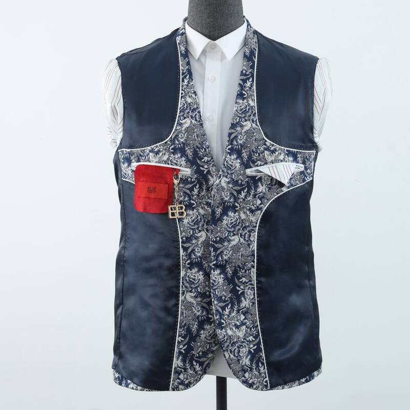 Elie Balleh Boys' Navy Slim Fit Floral Brocade Blazer