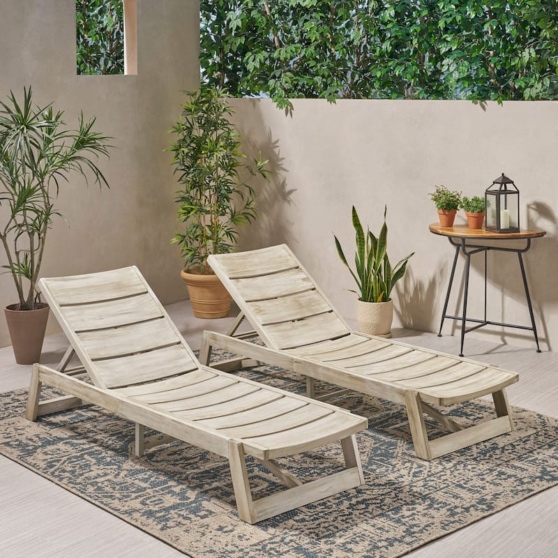 Outdoor 2-Piece Acacia Wood Chaise Lounge Chairs Set, Slat Design Adjustable Reclining Sun Lounger - Grey