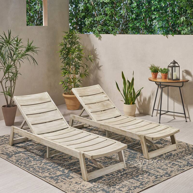 Set of 2 Wood Chaise Lounge with Adjustable Backrest and Curved Slatted for Poolside Patio Garden - Grey