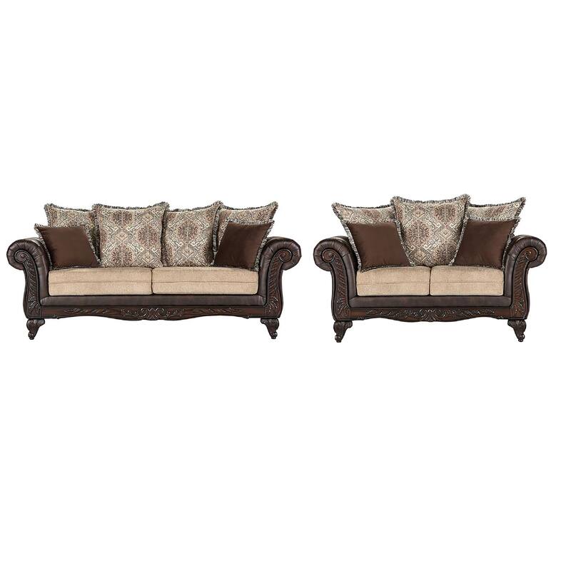 Miva 2pc Living Room Sofa Set, Carved Wood Accents, Brown Faux Leather
