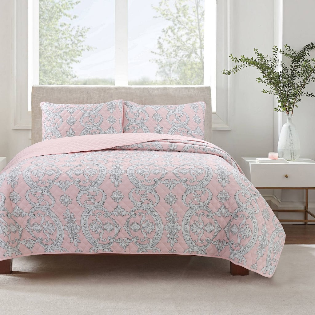 Cozy Line Millennial Pink Floral Majesty Medallion Polyester Quilt Bedding Set
