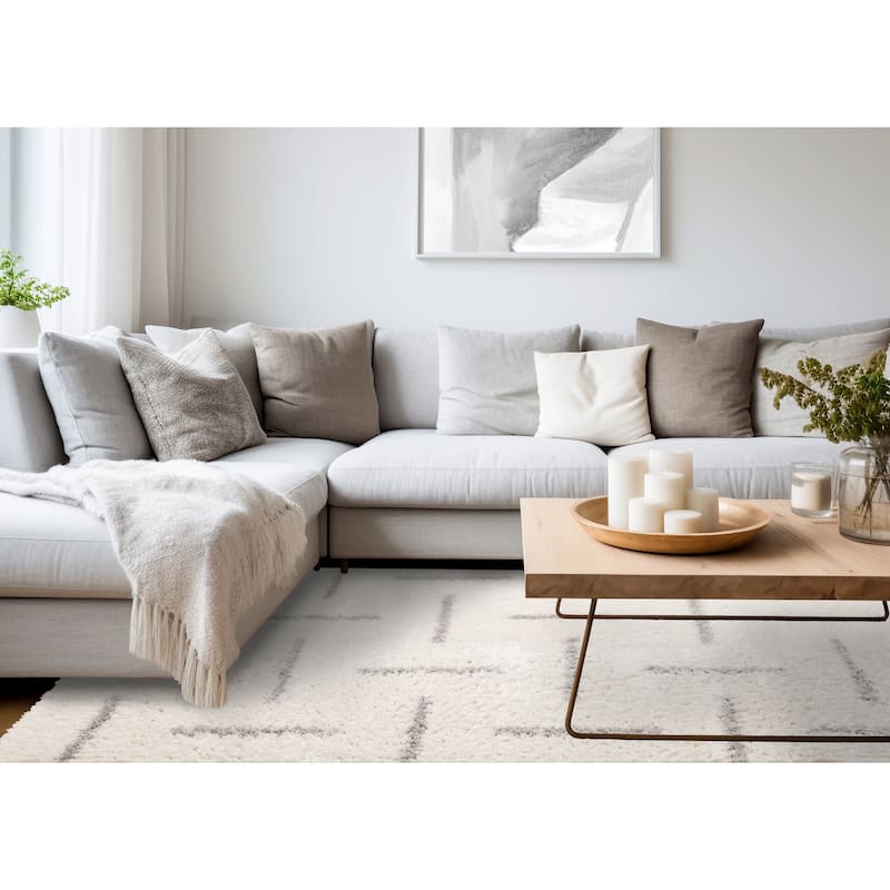 Cream Gray Neutral Lines Soft Shag Area Rug, 5'3" x 7'7"