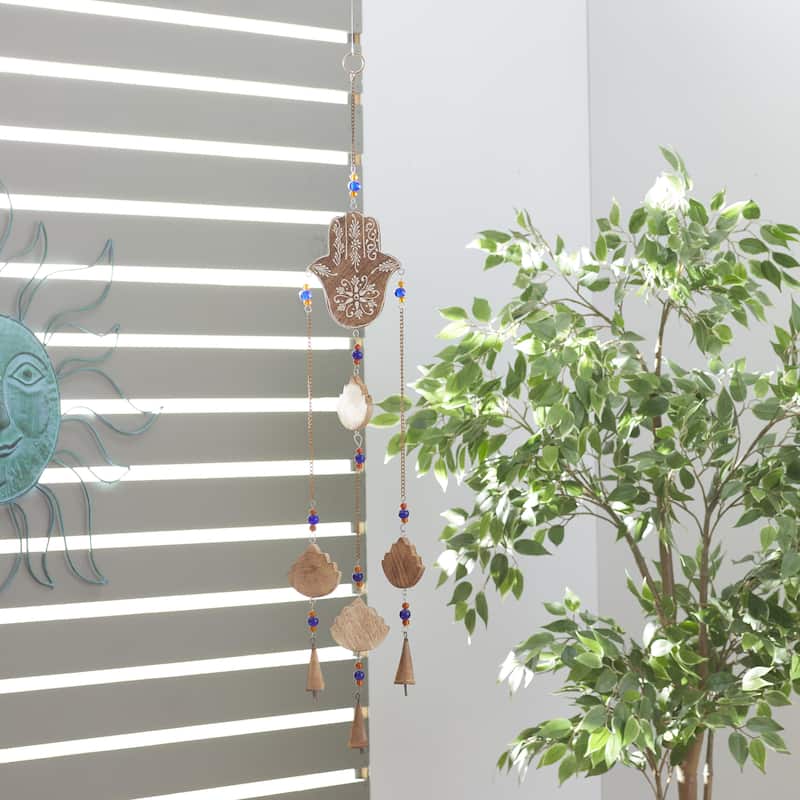 Mango Wood Buddha Handmade Hamsa Indoor Outdoor Windchime with Glass Beads and Cone Bells - Brown - Roche River Decor