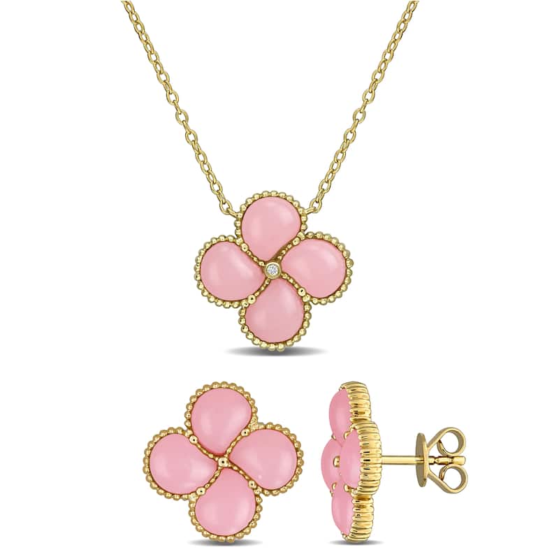 Miadora Yellow Silver Gemstone Clover Necklace and Earrings Set - Pink