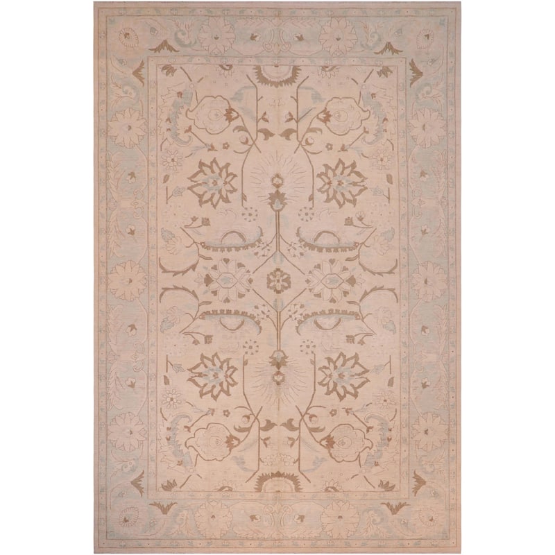 Bohemian Ziegler Zora Tan Green Hand-Knotted Wool Rug - 13'3'' x 17'9''