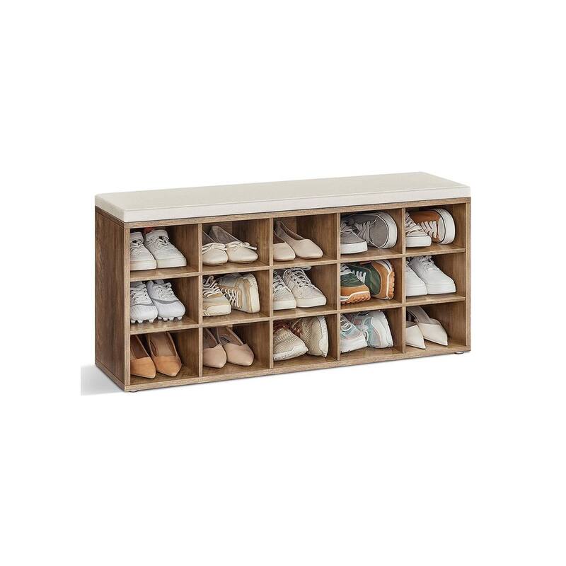 15-Cube Shoe Storage Bench with Cushion Seat and Adjustable Shelves Perfect for Entryway or Living Room