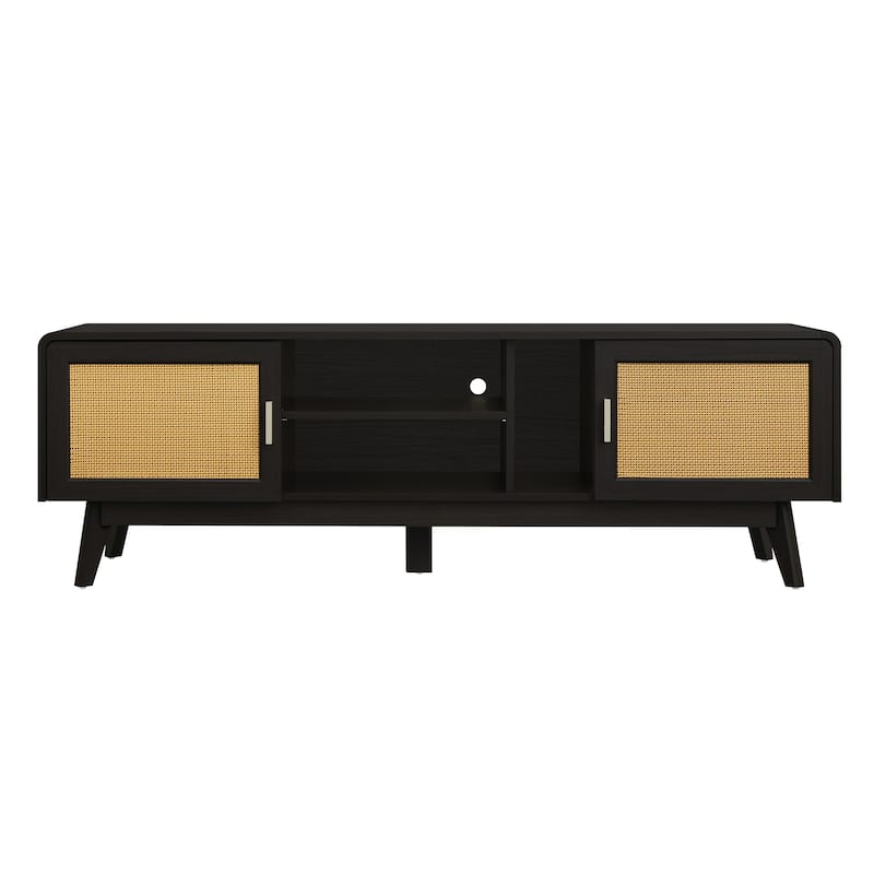 63" Rattan TV Stand for 65" TVs, Boho Entertainment Center Media Storage Cabinet TV Console with Open Shelves for Living Room