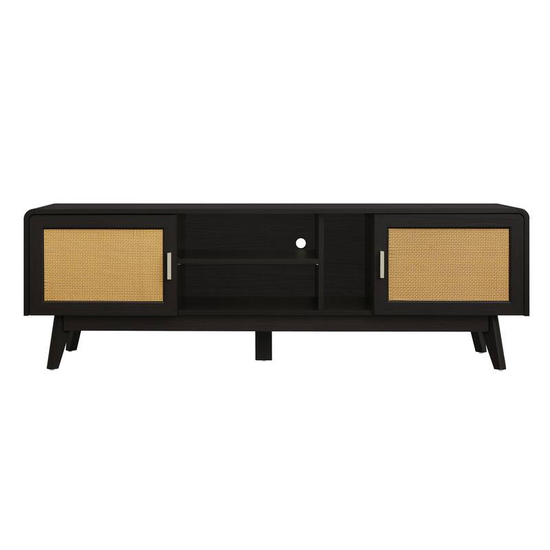 63'' Dark Rattan TV Stand with 2 Storage Cabinets for 65 Inch TV, Entertainment Center with Solid Wood Legs