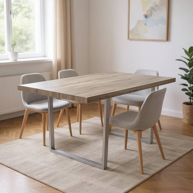 HomeRoots 59" Taupe And Silver Solid Wood And Metal Sled Base Dining Table - 59.00 in. x 30.25 in. x 35.50 in. - Taupe - 59.00 in. x 30.25 in.  x 35.50 in.