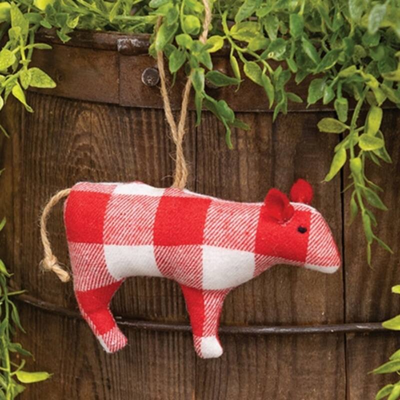 Red-White Fabric Plush Cow Ornament with Jute Hanger, Flannel Check - 4.50 x 1 x 2.50 in.