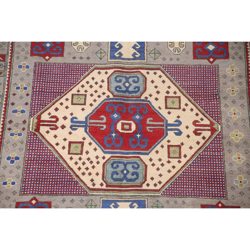 Geometric Gray Kazak Oriental Area Rug Handmade Wool Carpet - 6'4" x 9'0"