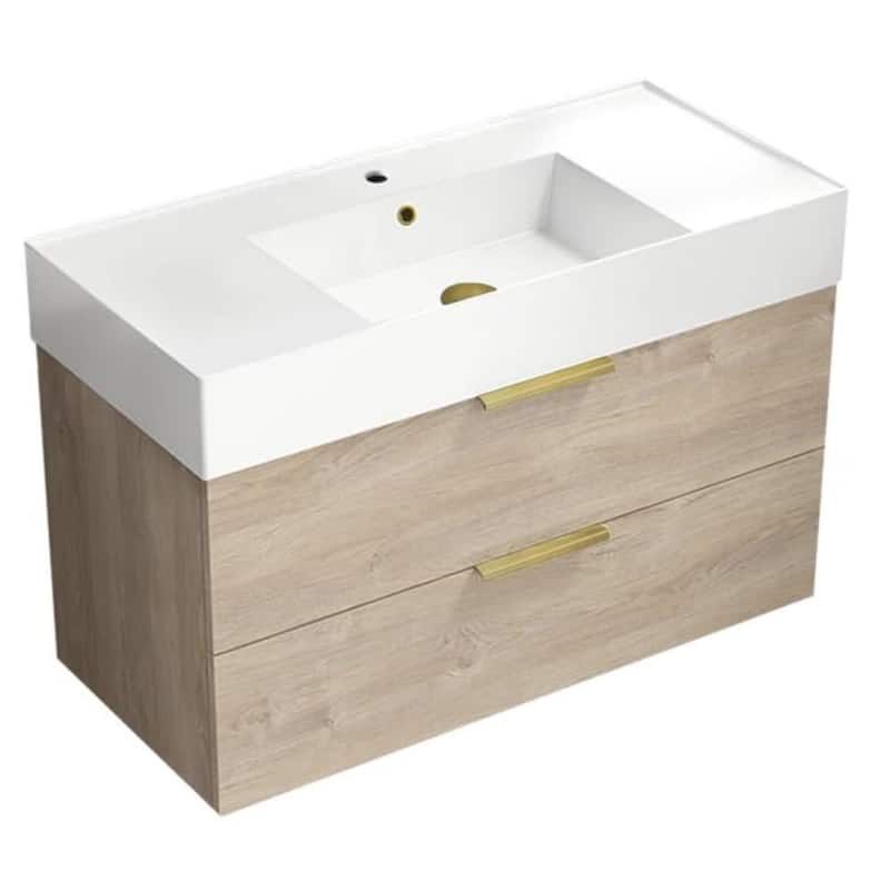 Nameeks Derin-4018-W Derin 40" Wall Mounted Single Basin Vanity Set - Brown Oak / Matte Gold - Oak Finish