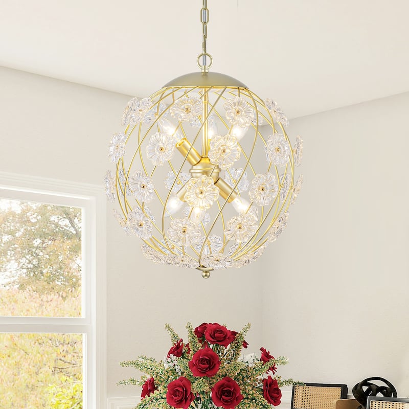 Modern 6-Light Glass Flower Globe Pendant Chandelier for Dining Room - Dia.16-in