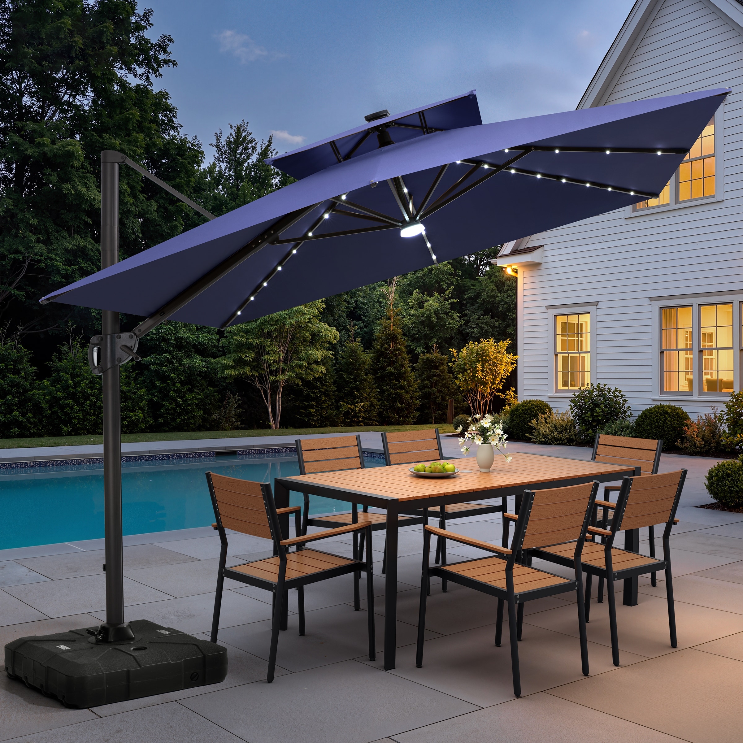 12 x 9 FT Outdoor Patio Aluminum Cantilever Umbrella with Solar Lights Double Canopy with Wheel Base