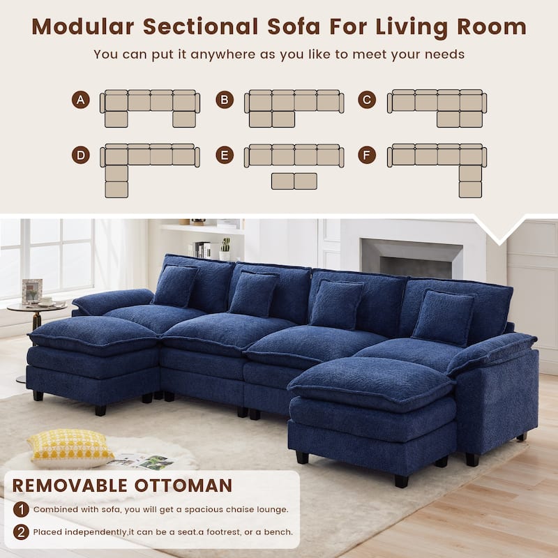 Modular Chenille Sectional Sofa with Ottomans, Deep Seat, Wide Padded Armrests, 2-Seat / 3-Seat / 4-Seat Options