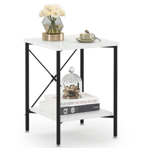 White Faux Marble End Table with Storage Shelves for Living Room