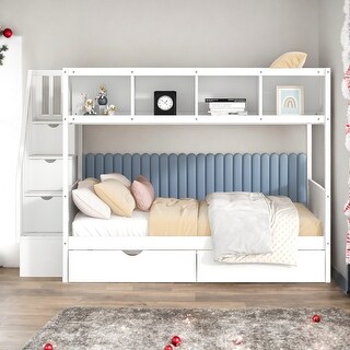 Elegant Twin over Full Bunk Bed with Shelfs, Storage Staircase and 2 Drawers