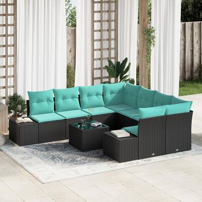 vidaXL 9 Garden Sofa Set with Cushions Black Poly Rattan - 103.9 x 92.1 x 27.2
