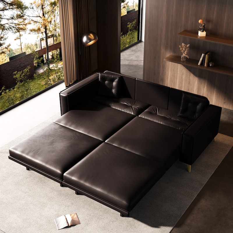 Oversized 3-in-1 Convertible Sofa Bed, 92.1" Faux Leather Square Arms Loveseat, Modern Pull-Out Sleeper Couch with Pillows - Dark Brown