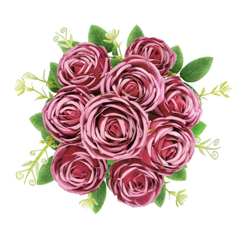 Set of 2 Dusty Burgundy Artificial Vintage Cabbage Rose Flower Stem Bush Bouquet 17in - 17" L x 10" W x 10" DP