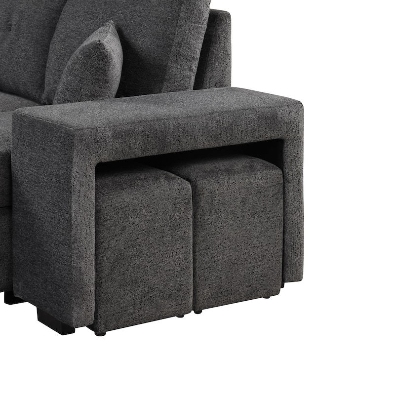 95" Velvet Sectional Sofa with Storage Chaise and 2 Stools and Reversible L-Shape Sofa Bed