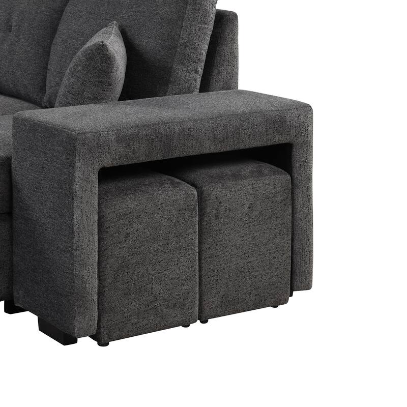 Grey 95'' Reversible L-Shaped 3-Seat Sleeper Sofa with Storage Chaise, Pull-Out Bed, and Side Shelf, Includes 2 Stools