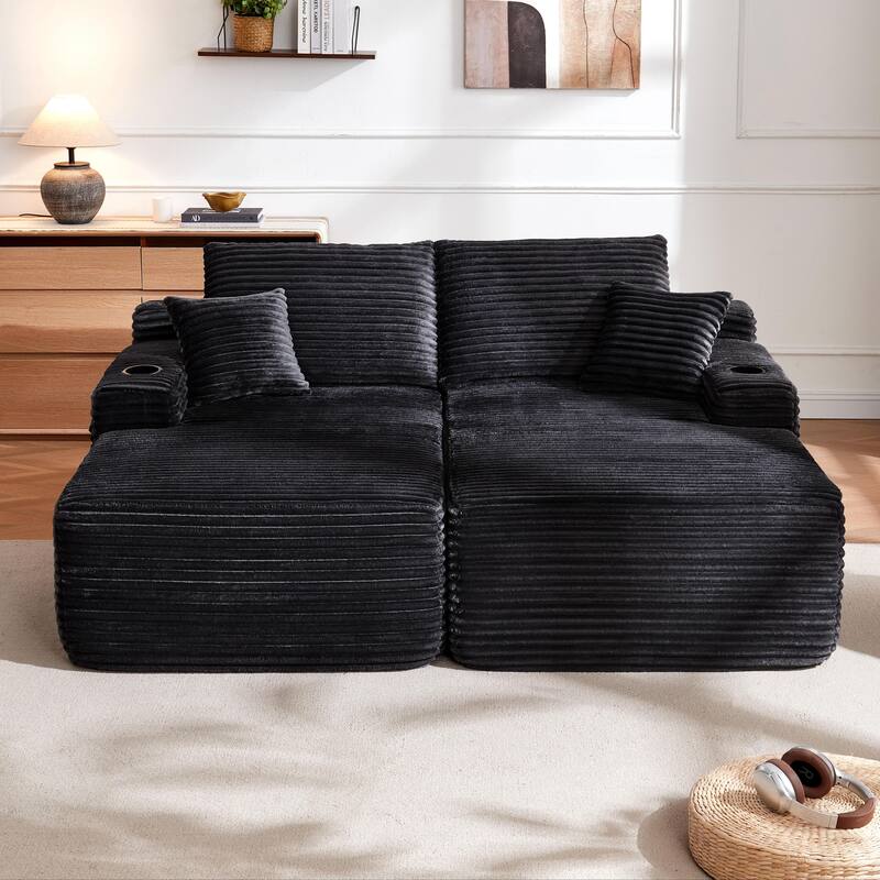 Oversized Boneless Double Chaise Lounge, Sectional Deep Seat Cloud Couch, Oversized Compressed Loveseat Sleeper Sofa - Black