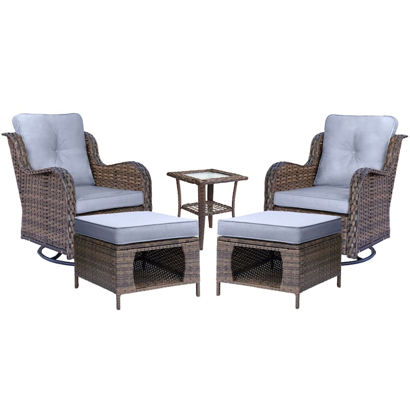 5 Piece Outdoor Wicker Patio Swivel Chair with Ottoman Conversation Set
