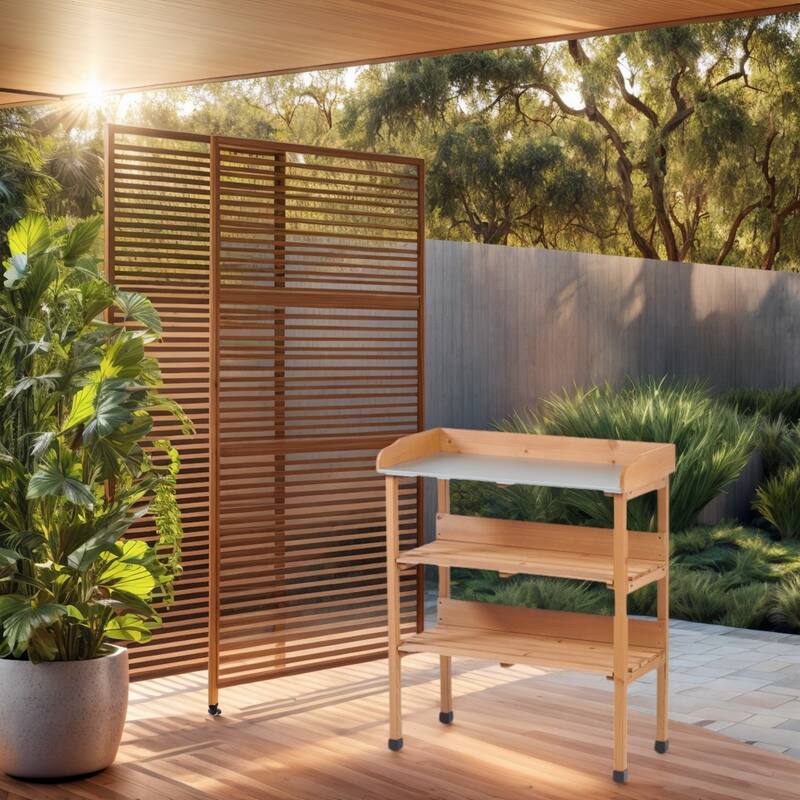 30"x14.5"×35.5" Potting Table w/Metal Tabletop, 3 Layers Outdoor Work Bench w/Hook for Garden, Solid Wood Workstation for Garage