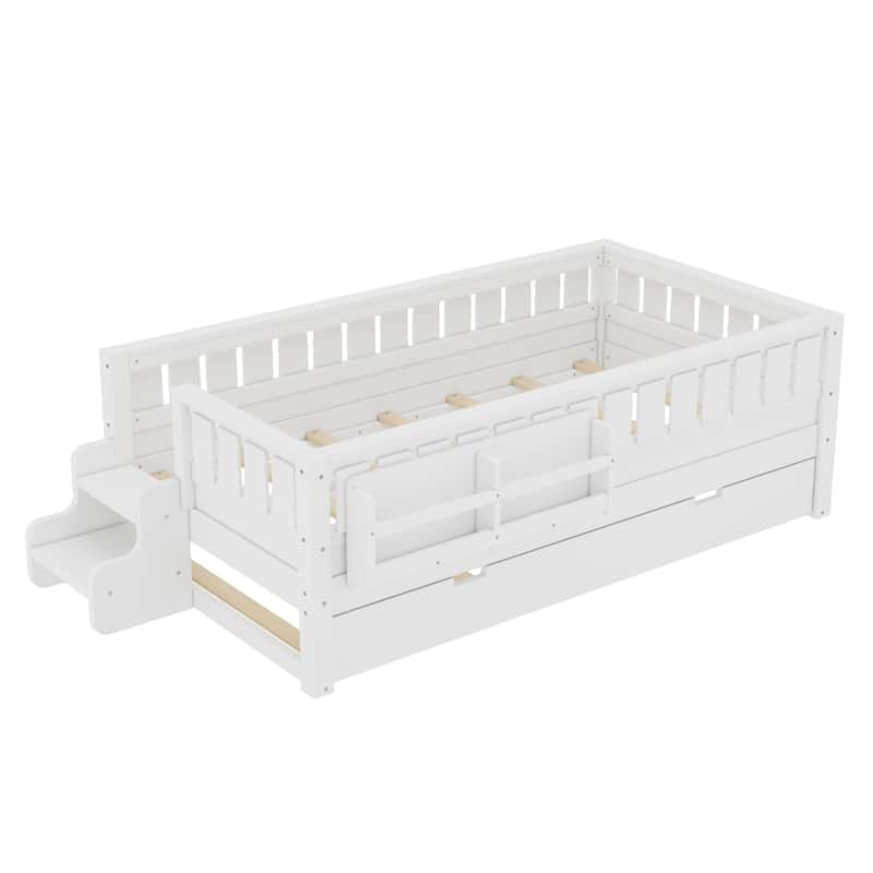 Roomfitters Floor Bed with Bookshelf and Trundle, Low Profile Frame with Step Entry