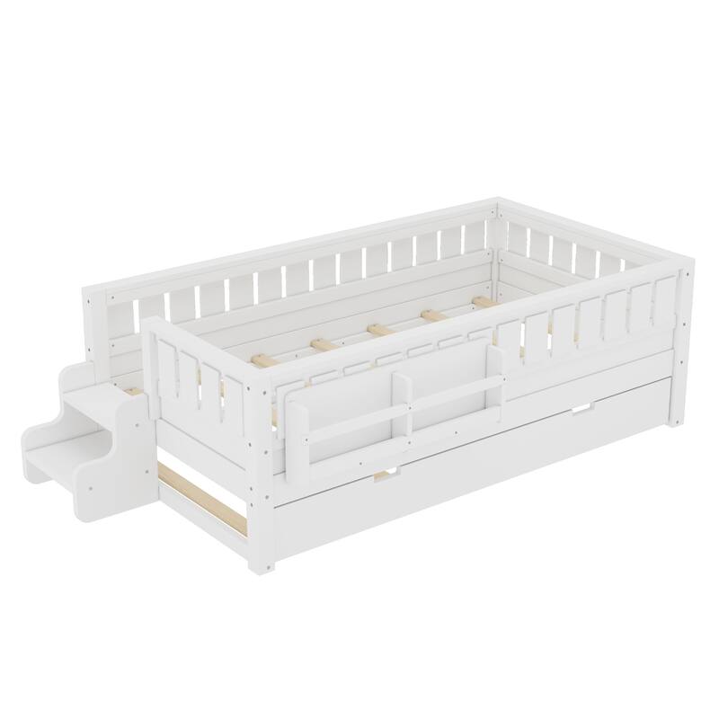 Twin with Built-in Bookshelves and Small Staircase, High-Quality Safety Rails, and Trundle