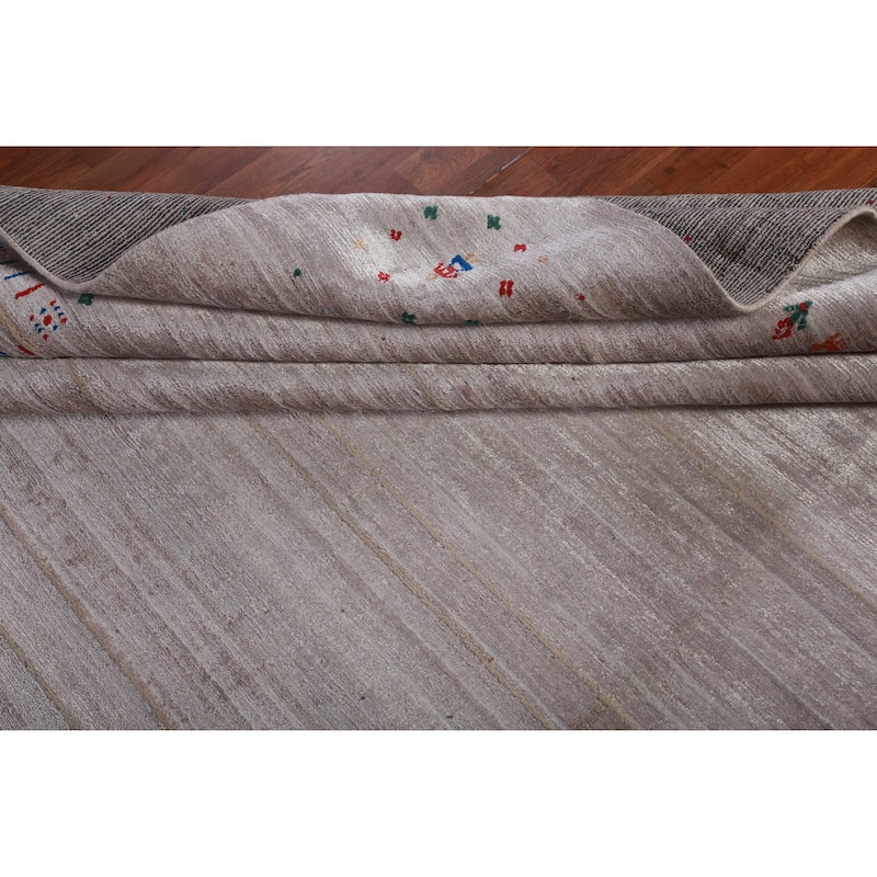 Hand Knotted Oriental 100% Wool Carpet Tribal Stripe Greys & Charcoal Gabbeh Area Rug - 12' 5'' X 9' 2''