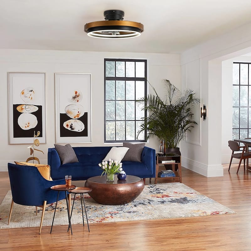 20 in. Farmhouse Black Wheel 3-Color Temperature LED Semi-Flush Mount Fan Light, Remote Control Included