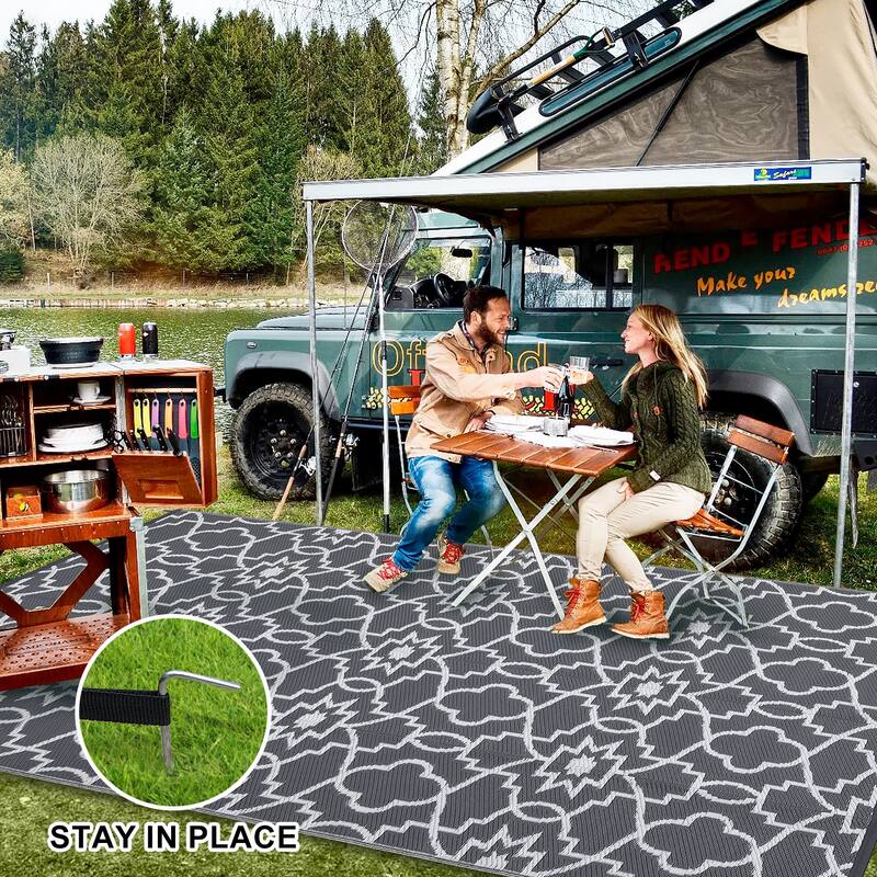 Outdoor Plastic Straw Rug Geometric Waterproof Reversible Area Rug for Patio Backyard Picnic Camp Beach