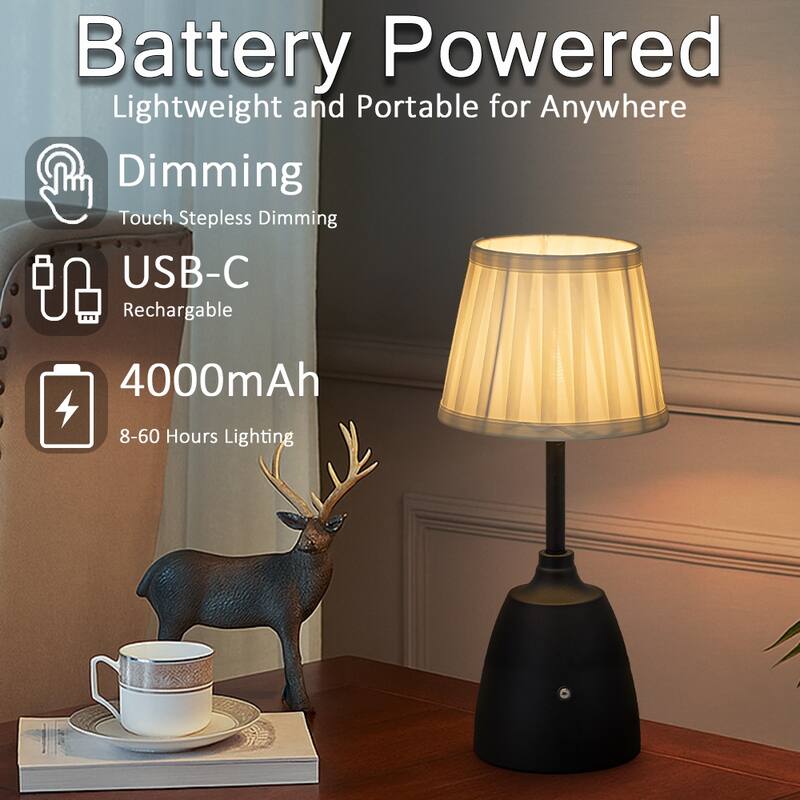 Classic Rechargeable LED Table Lamp with Fabric Shade Touch Control USB Cordless Nightstand Light for Nightstand Room - W6.3‘’