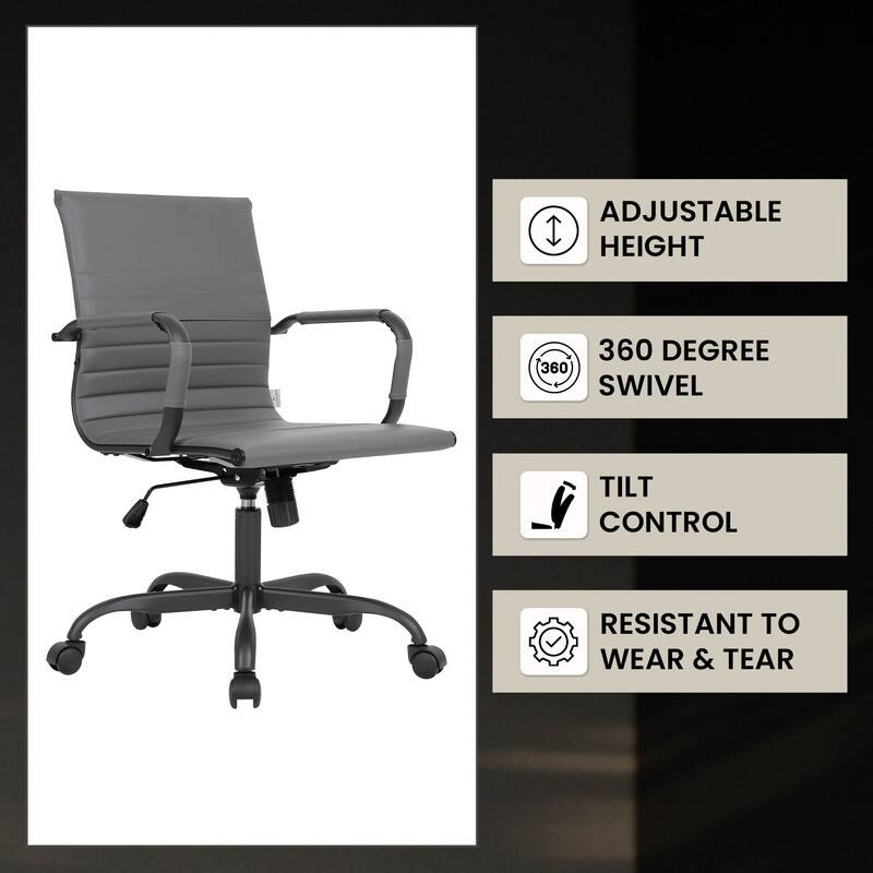 Harris Leather Mid-Back Adjustable Seat Height Office Desk Computer Swivel Chair in Black Metal Frame for Home Conference