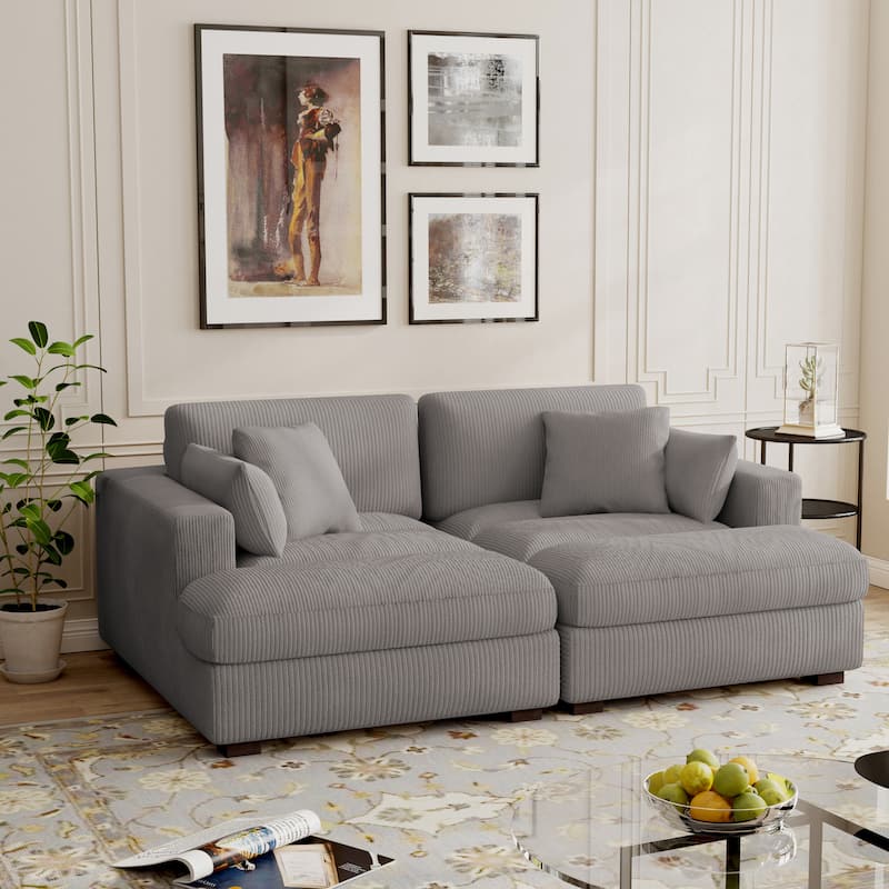 Modern Corduroy Modular Sectional Sofa Chaise Couch Bed - Light Grey&2 Pillows - Symmetrical