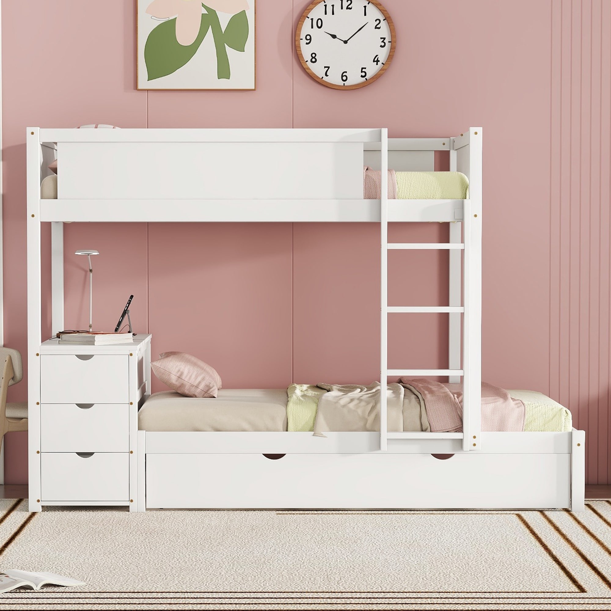Roomfitters Twin Twin-Over-Twin Bunk Bed, Study Desk, Storage Units & Pull-Out Trundle, Wood Bed Frame, Power Outlet Hub