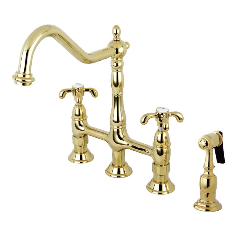 Kingston Brass French Country Bridge Kitchen Faucet with Brass Sprayer - Polished Brass
