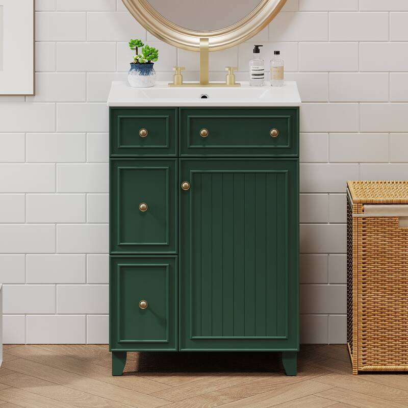 24" Bathroom Vanity with Ceramic Sink, 2 Drawers & 1 Door, Free-Standing Small Vanity Cabinet - Faucet Not Included