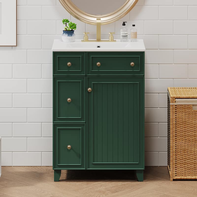 GDFStudio - Luna Wood & Ceramic 24" Bathroom Vanity Cabinet with Drawers & Door - 24" - Frosty Green
